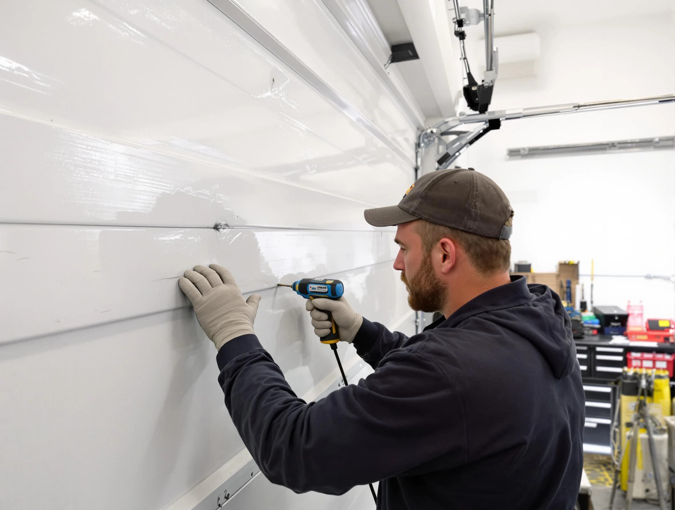Colonial Heights Garage Door Repair technician demonstrating precision dent removal techniques on a Colonial Heights garage door